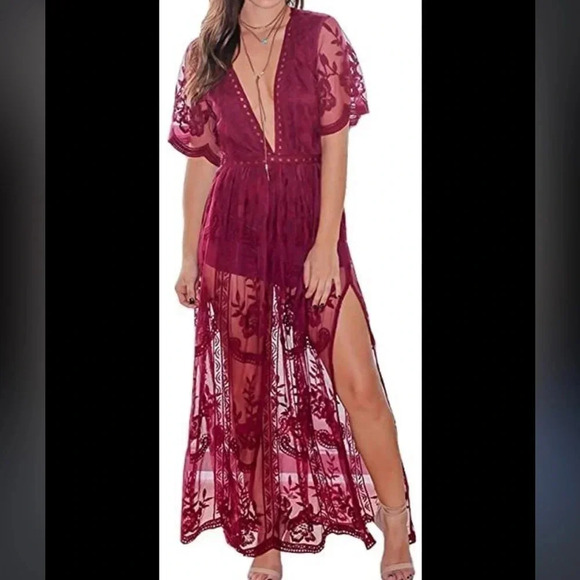 Maroon Deep V-Neck 1/2 Sleeves Sheath Lace Midi Dresses w side slits size small - Picture 2 of 16